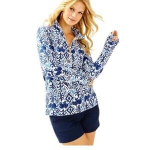 Lilly Pulitzer Tons Of Fun Ikat Elephant Popover Half Zip Top Navy Blue White XS